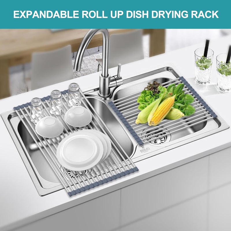 BBXTYLY Extra Expandable Roll Up Dish Drying Rack,Over The Sink Drying Rack Sink Cover Kitchen Sink Accessories Kitchen Rolling up Stainless Steel Drainer, Foldable,Rollable（Gray，22.8''-12.4''） - Image 3